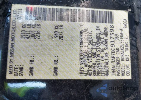 2013 Nissan Altima 2.5 Sl from USA, damaged, VIN 1N4AL3AP7DC917598